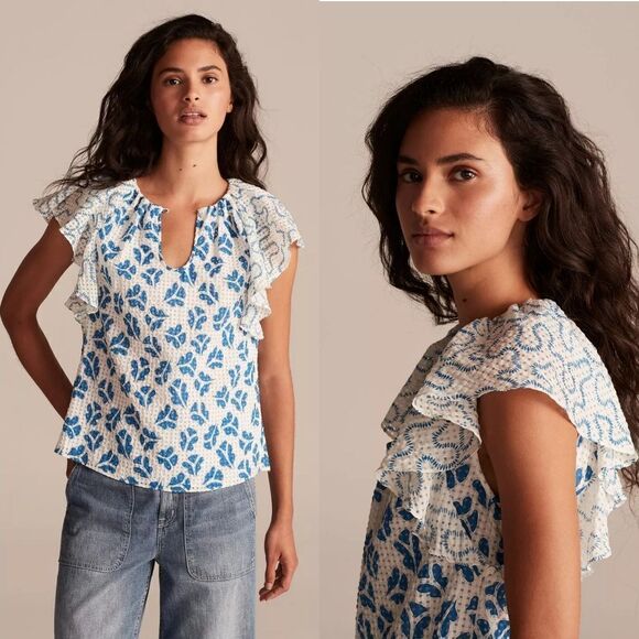 Rebecca Taylor Perla Printed Ruffled Silk Top In Snow Combo S - Picture 1 of 9